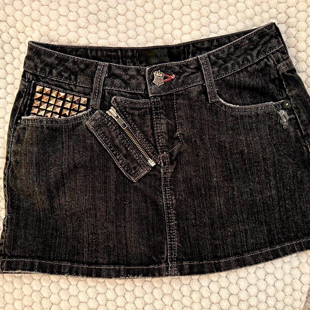 Selling this studded denim mini skirt by Monarchy in dark denim blue color